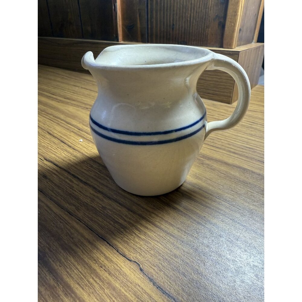 Vintage Ceramic Beige & Blue Striped Pitcher